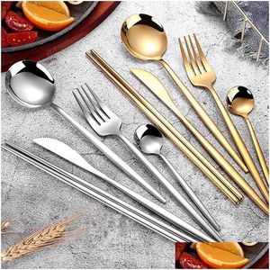 Besteck-Sets Edelstahl Steak Messer Gabel Löffel Abendessen Kaffee Teelöffel Restaurant EL Geschirr Geschirr Set Western Drop Delive DHCBT