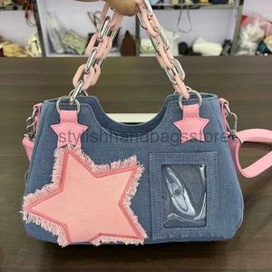 Axelväskor ny mode cool handväska mörk harajuku stil denim väska rosa y2k stjärnkedja kvinnors underarm tote purses handbagssstylishhandbagsstore