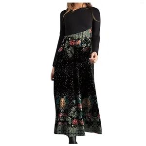 Abiti casual Donna Nero Stampa Bohemian Vintage Manica lunga Abito Boho allentato per Lady Autunno Primavera Abbigliamento 2023