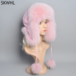 Chapéu de aviação russa de pele de raposa natural com orelhas Ushanka Mulheres Inverno Quente Fofo Elegante Feminino Cauda Cap Moda Chapéus de Pele Real 231228