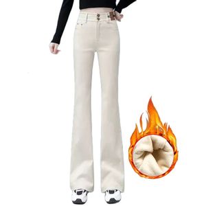 Flare denim kot pantolon uzun boylu kadınlar bahar sonbahar kış peluş peluş tırmık sıcak kadife zayıflama fişek pantolonu astar x-uzun s 231228