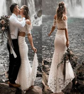 Białe koronkowe dwuczęściowe suknie ślubne plażowe 2021 Wspaniałe z ogrodu na ramionach boho suknie ślubne vestidos de novia country Weddi4530928