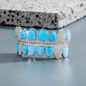 14K CZ Vampirzähne Grillz Iced Out Micro Pave Kubikzircon BLAUER Opal 8 Zähne Hip Hop Grill oben unten Mundgrills Set mit Sili233E