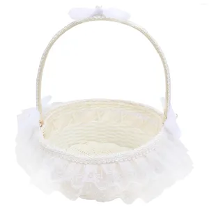 Party Decoration Basket Flower Wedding Girl Bowknot Baskets For Storage Ceremony Picnic Rattan Gift Woven Weddings White Wicker Candy Lace