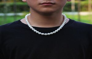 Partihandel-8-10mm Pearl Necklace Hip Hop CZ Stone Bling Iced Out Pendants Halsband med Pearl Pärled Link Chain för män Rapper Jewelry7904229