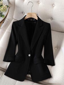 Women's Suits Blazer Jacket Women Black Three Quarter Sleeve Top Spring Summer Outwear High Quality Solid Single Button Notched Coats