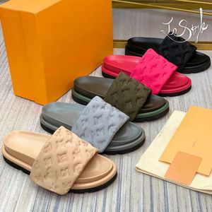 Designer Lvities Slipper Pool Kissenrutschenrutschen Baumwollstoff Stroh Stroh lässig Slides Mann schwarze Abnutzung flache Sandalen Mules Sonnenuntergang gepolstert vorderen Gurt Frauen Modeschuhe