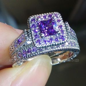 Größe 5-10 Vintage Jewelry Prinzessin Schnitt Amethyst Simuliertes Diamond CZ Hochzeit Edelstein Engagement Brautringe für Frauen Liebe 185n