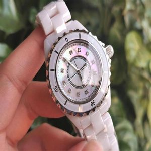 Berömda varumärken Kvinnor Ceramic Watch Mother Pearl Shell Dial 12 Diamond Clock Men unisex Fashion Watch2356