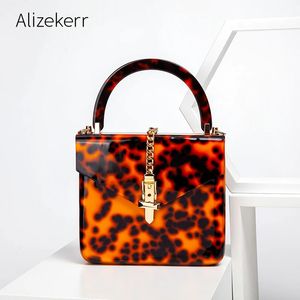 Leopardtryck akrylbox aftonväska kvinnor retro topphandtag marmor mönster middag koppling purses damkedja axelväska 231227