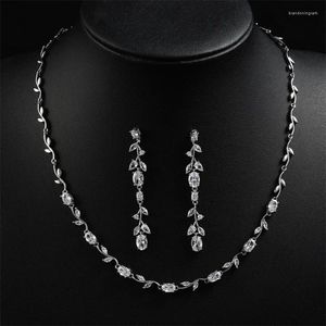 Necklace Earrings Set UILZ Brand Gorgeous CZ Stones Jewelry White Crystal Flower Dangle Party Wedding For Women