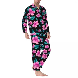 Erkekler tropikal çiçek pijama seti Hawaiian çiçek rahat adam uzun kollu rahat gevşek gece iki parça ev takım elbise büyük boyut