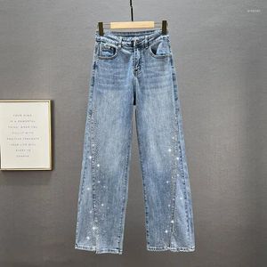 Kvinnors jeans blå byxor med strass hög midja kvinnliga denim byxor slitsar r spanx trend 2023 livliga coola tonåringar