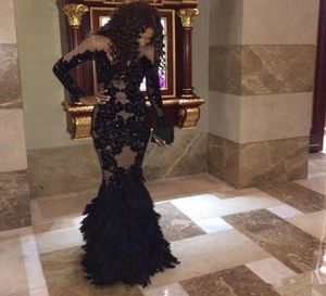 Skromne długie rękawy wieczorowe suknie czarne aplikacje koronkowe kaliwaty de vestidos de novia zamek błyskawiczny Tiulle Mermiad sukienki Prom 5568489