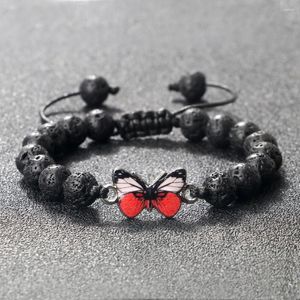 Strang 8mm natürliche schwarze Lava Armbänder für Frauen Männer Charme rote Legierung Schmetterling Anhänger handgemachte geflochtene Tigerauge Stein Achate Schmuck