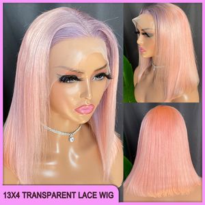 Partihandel klass 12A 10A indisk brasiliansk 100% Remy Virgin Human Hair Purple Pink Straight 13x4 Transparent spets frontal peruk