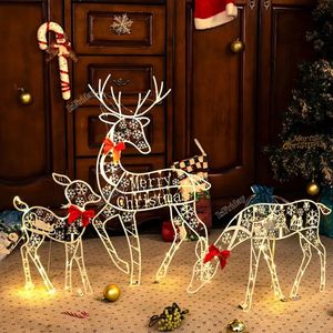 3PCS Handcraft Alloy Art Elk Deer Christmas Garden Decor LED Light Glowing Glitter Reindeer Xmas Home Outdoor Yard Ornament Dec 231227