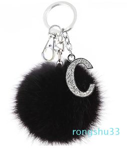 Black Pompom Faux Rabbit Fur Ball Keychains Crystal Letters Key Rings Key Holder Trendy Jewelry Bag Accessorie