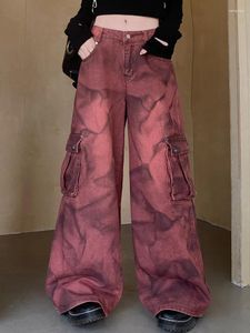 女子ジーンズ2023 Trashy Y2K Streetwear Tie Dye Vintage Red Bagy Cargo Pants for lomen Clothing Multi Pockets Wide Leg Lad