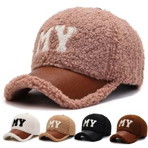 Broderi My Brown White Lambwool Winter Cap för Women Wool Teddy Baseball Caps Warm Plus Velvet Stylish Hat 231228
