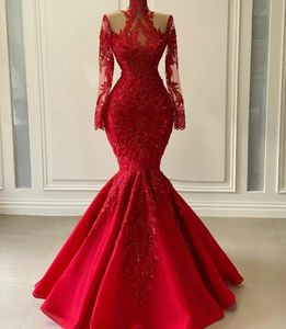 Modest Red Lace Mermaid Prom Formal Dress 2024 High Neck Appliques Beaded Long Sleeves Evening Party Gowns Celebrity Style Vestido De Feast Robe De Soiree