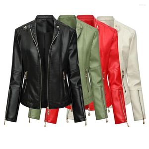 Women's Leather Faux Lady Jacket Solid Color Turn-down Collar Biker Coat Windproof Slim Fit Multi Zipper For Motorcycle Riding