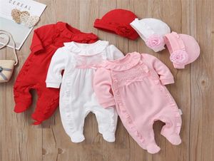 Baby barnkläder 3 färger nyfödda babyblommor lotus kant jumpsuits creeping klädheshat 2 stycken set barn designer kläder flickor1732756