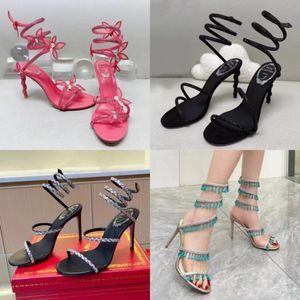 Sandalet yüksek topuklu ayakkabılar sandal lüks tasarımcı kristal ayak bileği kayış sargısı 9.5cm kadın rene caovilla 35-43 beden için moda stiletto topuk