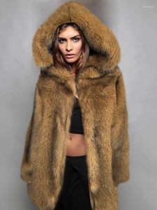 Women's Fur Fluffy Jacket Women 2023 Winter Thick Warm Faux Coat Mid-length Hooded Overcoat Furry Luxury Outwear