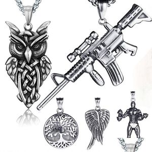 Anhänger Halsketten Antike Sier Hip Hop Halskette Schmuck Set Edelstahl Motorrad Pistole Eule Engel Flügel Baum des Lebens Anhänger Dhgarden Dhrlh