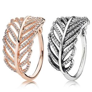 Rose Gold Glitter Light Feather Ring Women Hollow Leaves Retro Wedding Finger -föremål med originalbox för PAN W163256F