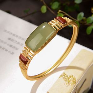 Natural Hetian Jade 14k Yellow Gold Southern Red Agate Bracelet Womens Fashion Personality Retro with Opening Simple