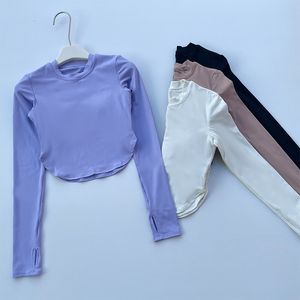 Lu-1856 Mulheres ioga Moda longa Moda de moda redonda Pilates Slim-Fit Top com camisa de esportes de esportes rápidos de peito