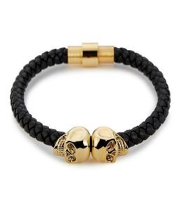 Sell Mens Black Genuine Leather Braided Skull Bracelets Men Women Stainless Steel Gold North Skull Bangle Fashion Jewelry2649686