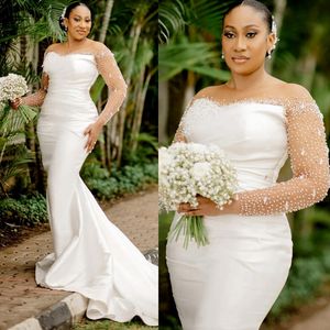 Plus Size Illusion Trumpet Wedding Dress for Bride Mermaid Aso Ebi Sheer Neck Long Sleeves Beaded Bridal Gowns for Marriage African Country Style CDW180