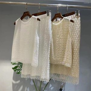 Work Dresses Mesh Perspective Sequin Women's Suits Embroidered Flares Short Tops Mini Skirt 2 Piece Sets Clothes Female