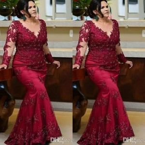 Vintage Burgundy Uzun Kollu Balo Gelin Elbiselerinin Annesi 2022 Artı Beden Dantel Boncuklu Sequin Akşam Kırmızı Halı Resmi Gowns D2761446