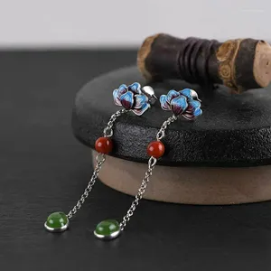 Kolczyki Dangle Cloisonne Stud Women's S925 srebrny srebrny vintage chiński styl piwonii spalony niebieski długi Jasper South Red Ear Rings