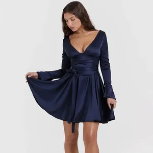 Abiti casual Mingmingxi autunno e inverno manica lunga per donna 2023 abito con cintura con scollo a V abbigliamento per festa di compleanno