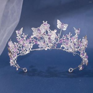 Saç klipsleri barok gümüş renk mor kristal kelebek gelin tiaras taçlar baş rhinestone pageant diadem düğün aksesuarları