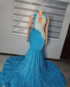 Prom Blue Party Sequins Formal Dresses for Black Girls 2024 Sparkly Diamond Beaded Sheer Mesh Evening Ocn Gala Gowns