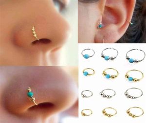 3pcs Set Moda Retro Yuvarlak Boncuklar Kadınlar İçin Altın Renk Burun Yüzüğü Burun deliği Hoop Vücut Piercing Takı 382789 Y1118273R4000312