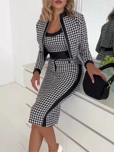 Spring Autumn Jacket Camis Dress Set Office Lady Long Sleeve Outerwear Print Three Piece Women Outfit 2023 231228