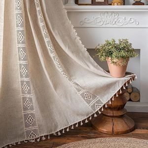 Beige Curtains Crochet Lace Patchwork Drapes Tassel Rod Pocket Short SemiSheer Boho Bedroom Living Room Window Curtain 231227