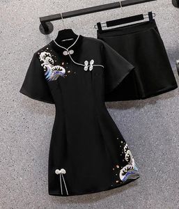 Women's Tracksuits Chinese Style Vintage Print Slim Mini Two Pieces Dress Short Pants Set Summer Ladies Graceful Black Sleeve Outfits Z08