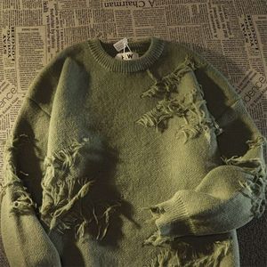 Amerikan High Street Yırtık Püskül Erkek Kadınlar 2023 Sonbahar Kış Büyük Boyu Gevşek Haruku Sweater Uzun Kollu