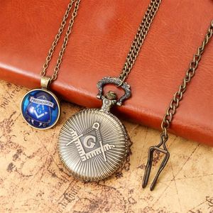 Pocket Watches Retro Men Watch for Necklace Gifts Set med Box Bronze Masonry Pendant Quartz Reloj HOMBRE281Z