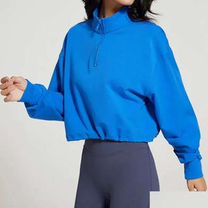 Lu Yoga Lemon Woman Autumn Loose Half Zipper Sport Tops DString långärmad utomhus fast fitness gym sweatshirts alo running drop de dh7gg