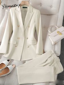 Yitimuceng Office Ladie Suits Sets 2023 Drehen Sie Kragen Doppelbrust Long Sleeve Blazer Solid Harem Pant 231227