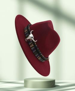 Unissex aba larga cowboy fedora chapéu cabeça de touro decoração masculino feminino lã feltro trilby jogador chapéus jazz panamá caps3677694